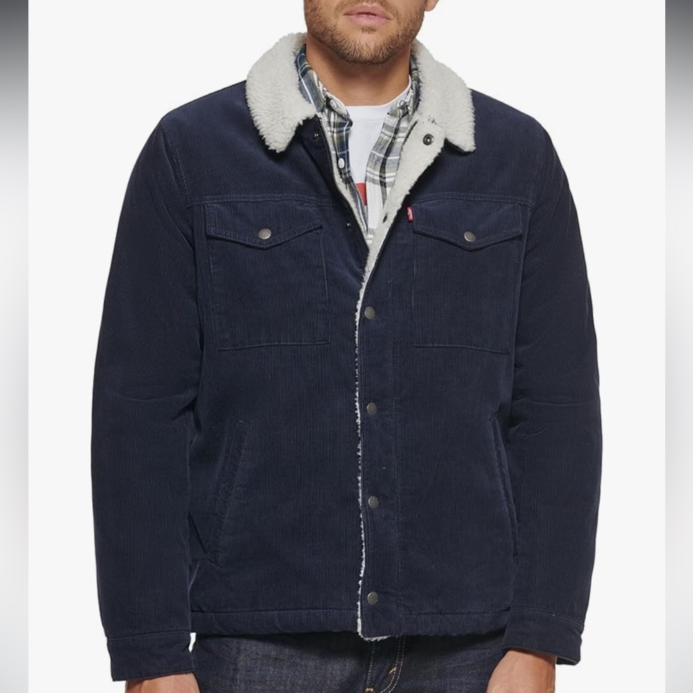 Roots Men's Dark Blue Corduroy Jacket with White Sherpa Collar